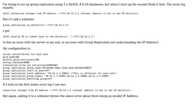 Databases: MySQL Group Replication fails to understand "::ffff:" IP Address смотреть онлайн