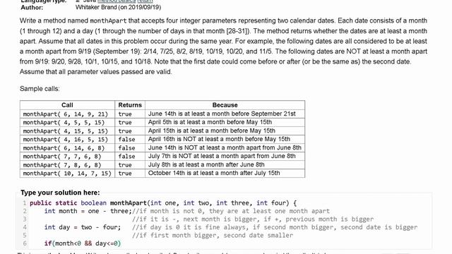Java Practice It | Exercise 5.17: monthApart | if, else, Boolean logic, method basics, return смотреть онлайн