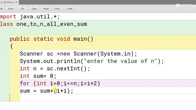 Write a program in Java to print the sum of square of all even no. between 1 to n. #javaprogramming смотреть онлайн