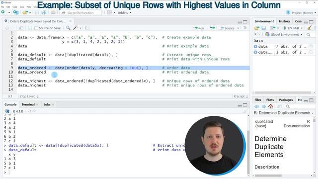 Delete Duplicate Rows Based On Column Values in R (Example) | Select Unique Row | Order Data Frame смотреть онлайн