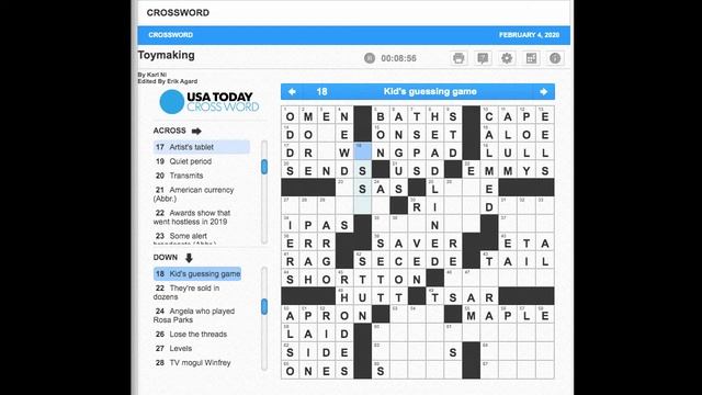 S02E35 USA Today Crossword "Toymaking" February 4, 2020 смотреть онлайн