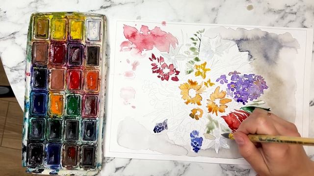 Букет цветов акварелью КАК РИСОВАТЬ АКВАРЕЛЬЮ HOW TO USE WATERCOLOR 수채화 사용 방법 смотреть онлайн