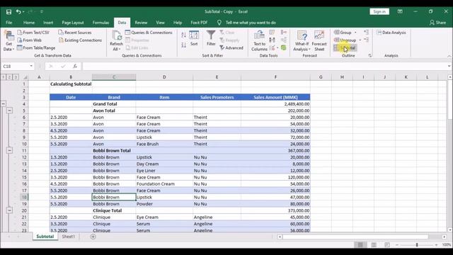 Calculating Subtotal in Microsoft Office Excel 2019 смотреть онлайн