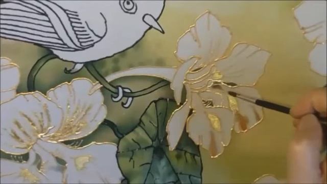 Kinglets on nasturtium. Silk art. Батик "Корольки на настурции" смотреть онлайн