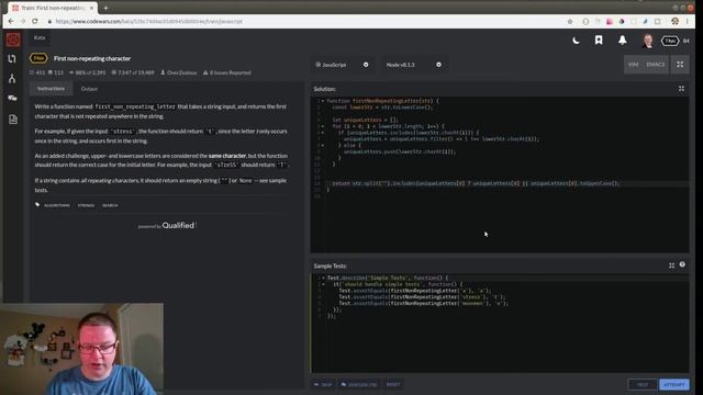 CodeWars: Return The First Unique Character Of A String (JavaScript) смотреть онлайн
