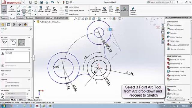SolidWorks tutorial- Use of 3 Point Arc tool and Tangent tool смотреть онлайн
