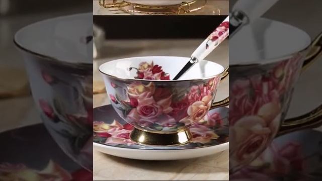 Чашка с блюдцем костяной фарфор кофейная чайная Classic Rose смотреть онлайн