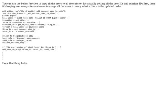 Wordpress: Copy user role on multisite so the user can access subsites with same role смотреть онлайн