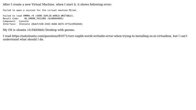 Ubuntu: virtualbox - Failed to load VMMR0.r0 (VERR_SUPLIB_WORLD_WRITABLE) (2 Solutions!!) смотреть онлайн