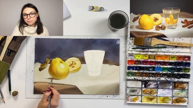 Мастер-класс по акварельной живописи «Натюрморт с грушами» | Рисуем натюрморт с грушами и бокалом смотреть онлайн