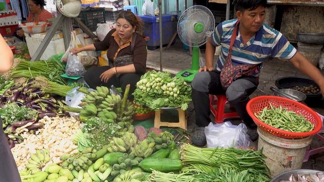 Plenty Of Fresh Vegetables, Fish, & More For Sale, Cambodian Fresh Morning Market Food