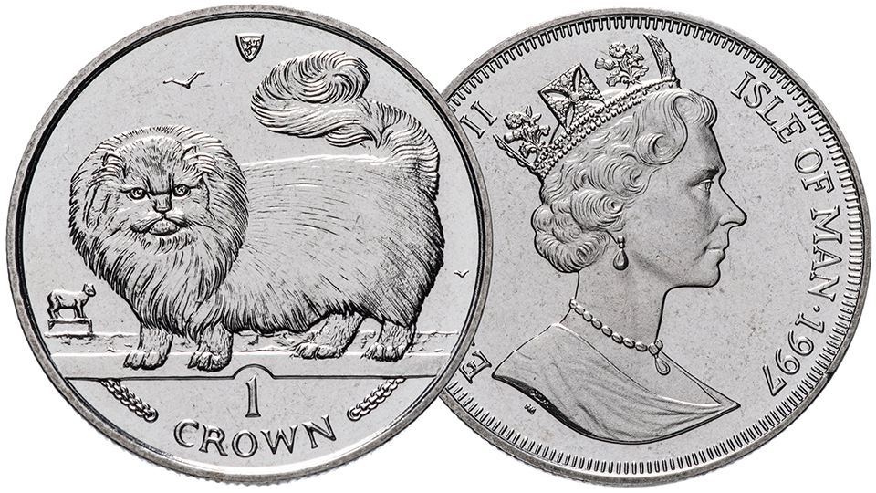 1 крона Острова Мэн 1997 года. Длинношёрстная дымчатая кошка. смотреть онлайн