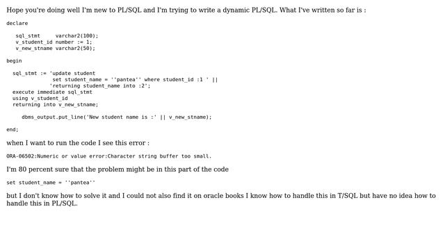 Databases: Facing error while trying to run dynamic pl/sql смотреть онлайн