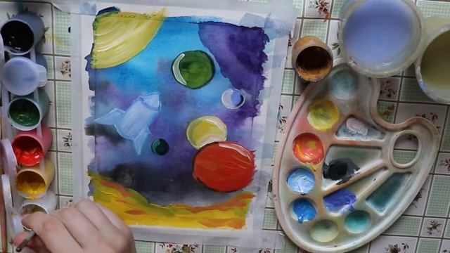 Как просто нарисовать Космос. Рисуем с детьми космос и ракету. Гуашь. Рисунок Ко Дню Космонавтики. смотреть онлайн