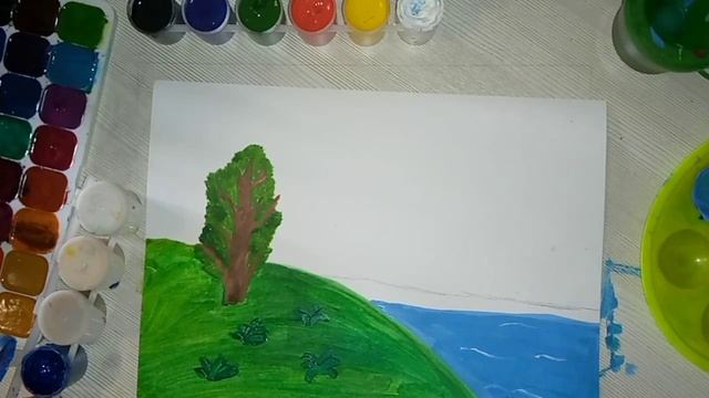 РИСОВАНИЕ ДЛЯ ДЕТЕЙ,РИСУЕМ ПЕЙЗАЖ ГУАШЬЮ. смотреть онлайн