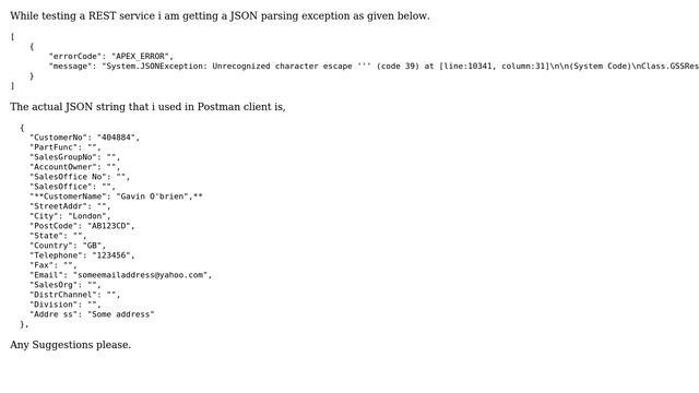JSON single quote exception while testing REST service using Postman client. Any suggestions? смотреть онлайн