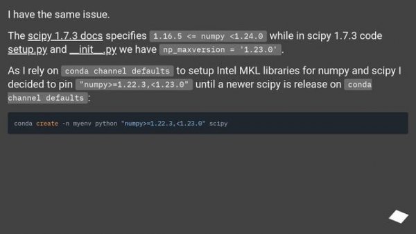 Resolve warning "A NumPy version =1.16.5 and 1.23.0 is required for this version of SciPy"?