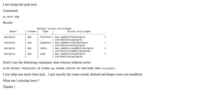 Databases: Cannot revoke default privileges from postgresql user смотреть онлайн