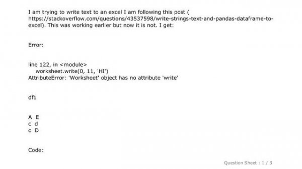 Pandas : Cannot write to an excel AttributeError: 'Worksheet' object has no attribute 'write'