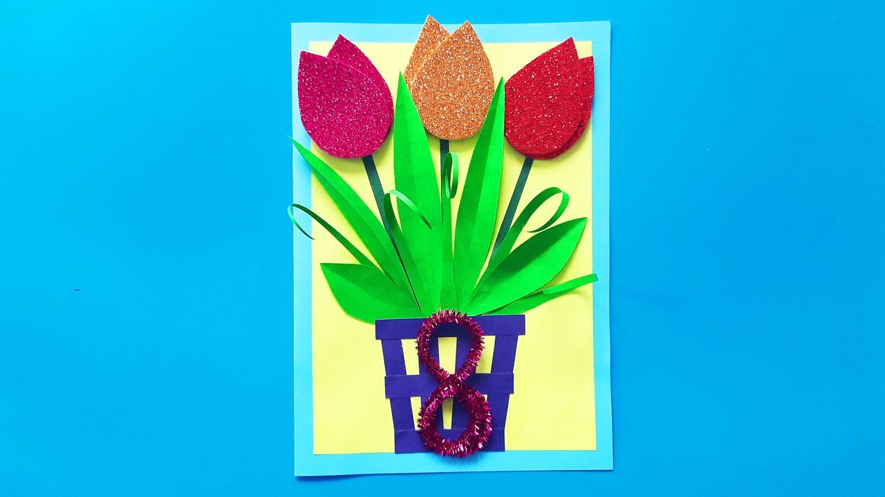 Открытка с тюльпанами в вазе своими руками. Поделка для мамы на 8 марта смотреть онлайн