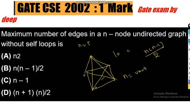Maximum number of edges in a n – node undirected graph without self loops is GATE CSE 2002: 1 Mark смотреть онлайн