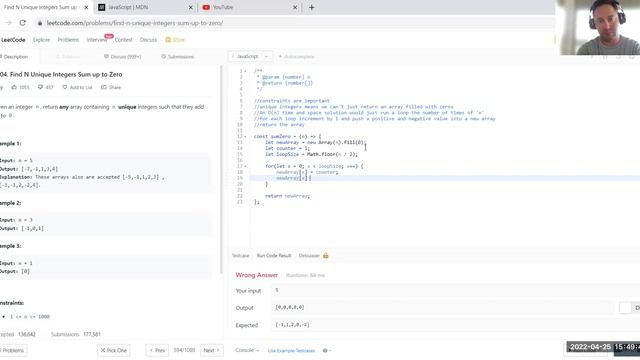 1304. Find N Unique Integers Sum up to Zero - Javascript - Time: O(n) Space: O(n) - Leetcode смотреть онлайн