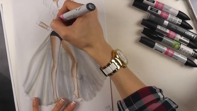 Fashion sketches: рисуем маркерами скетч девушки в пышной юбке, передаем фактуру и тона. смотреть онлайн