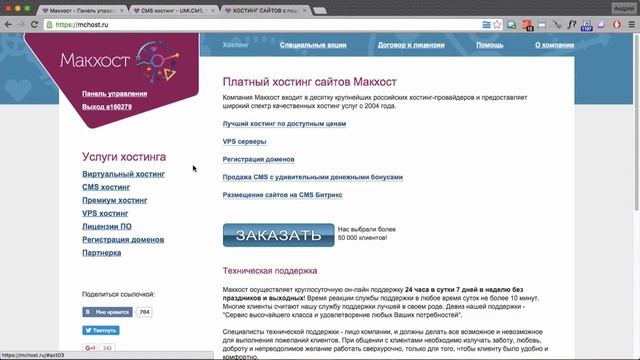 Видео обзор Mchost Ru и регистрация домена на нём.