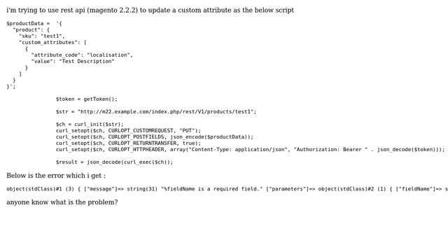 Update product using magento 2.2 rest api but result in error %fieldName is a required field смотреть онлайн