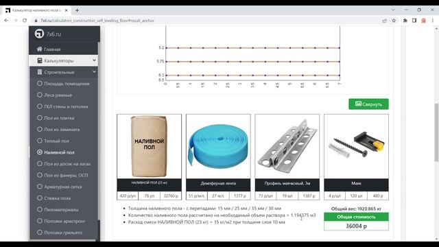 Калькулятор расчета наливного пола онлайн + схема маяков по размерам