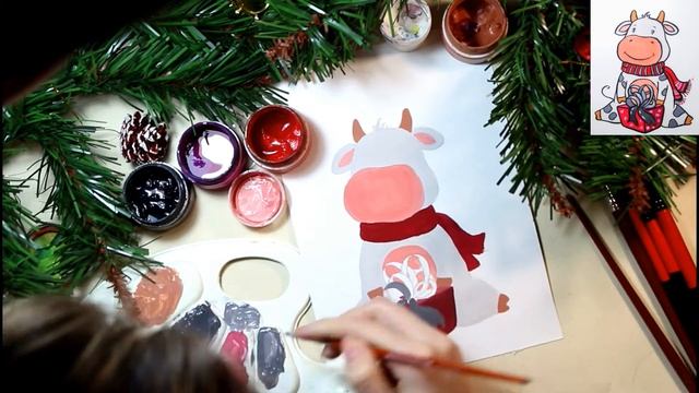 Draw a cow for christmas.Рисуем корову к новому году. Символ 2021 года смотреть онлайн
