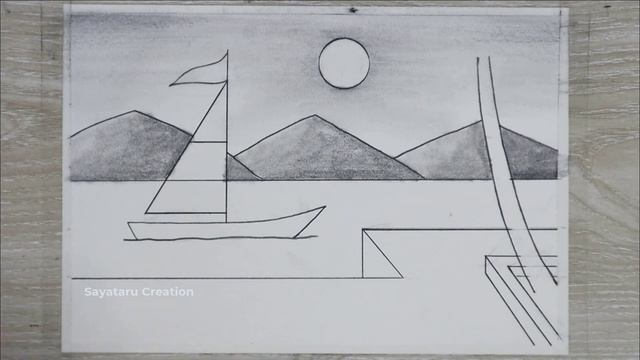 Riverside Landscape With Boat Drawing With Pencil, Pencil Drawing For Beginners