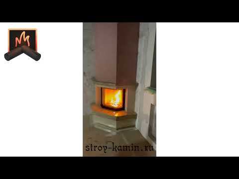 Угловой авторский камин на заказ с эркерной топкой АСТОВ ПП 6957 и недорогой мраморной облицовкой