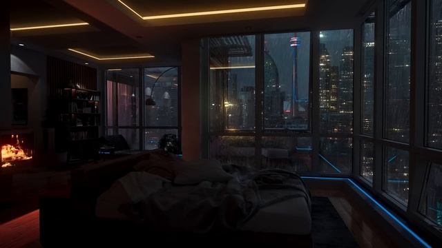 Sleep In This Multi Million Dollar Toronto Apartment & Cozy Fireplace | Rain Sounds For Sleep | 4K смотреть онлайн