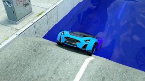 Big puddle, sports car stuck in a big hole - A police car helped a sports car ou
