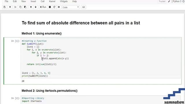 Finding sum of absolute difference between all pairs in a list-using enumerate() смотреть онлайн