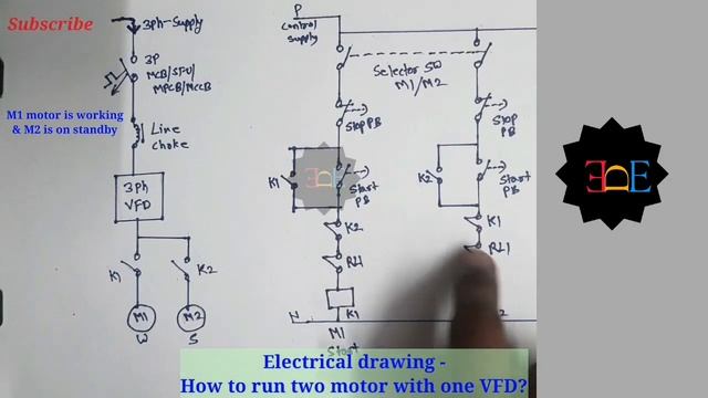 electrical drawing-how to run 2 motor with 1 VFD in which 1 motor is working & other is on standby. смотреть онлайн