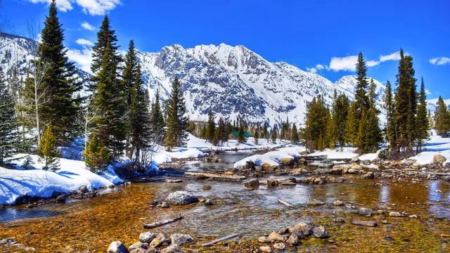 Картинка горы. Grand teton national park, деревья, горы, зима, США, снег, wyoming, камни. смотреть онлайн
