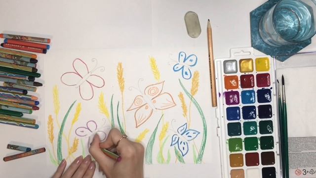 Поле с бабочками. Как нарисовать бабочек вливанием краски в краску. Акварель и восковые мелки. смотреть онлайн