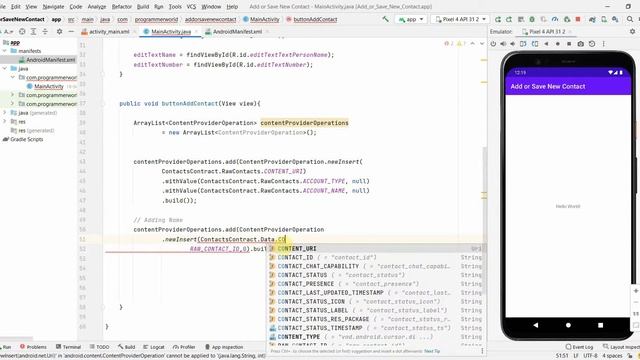 How to add/ save a new contact in phone directly from your App? - Android Studio code смотреть онлайн