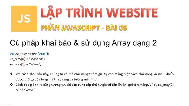 Học lập trình Web A-Z - JAVASCRIPT- Bài 8 - Làm việc với dữ liệu kiểu mảng ( Array ) смотреть онлайн