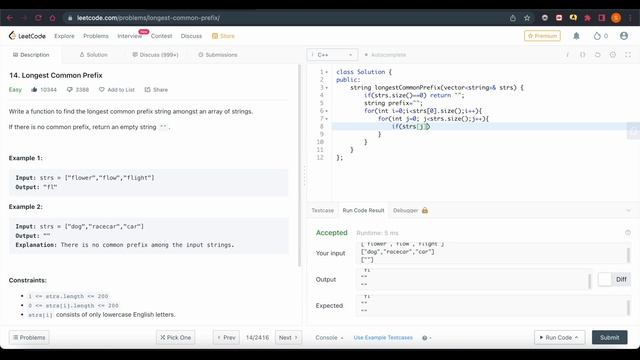 #14. Longest Common Prefix Question on Leetcode solution Explain in Hindi смотреть онлайн