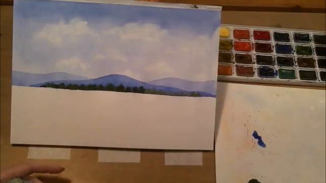 Акварель. Пейзаж с холмами и полем смотреть онлайн