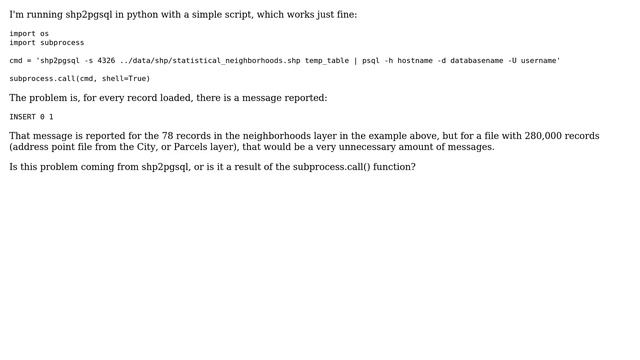 GIS: How to run shp2pgsql in python without reporting every row loaded? смотреть онлайн