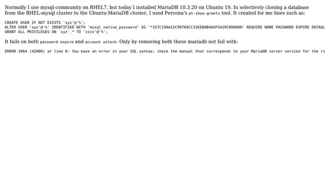 Databases: MariaDB throws error with documented 'alter user' ... 'password expire' option смотреть онлайн
