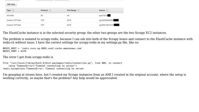 DevOps & SysAdmins: scrapy-redis can't connect to AWS Redis ElastiCache смотреть онлайн