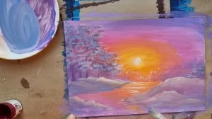 ЗИМНЕЕ СОЛНЦЕ |Пошаговое рисование красками| Гуашь