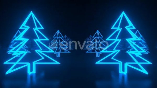 Christmas trees, blue neon glow icon on darkness black background | Motion Graphics - Envato ele...