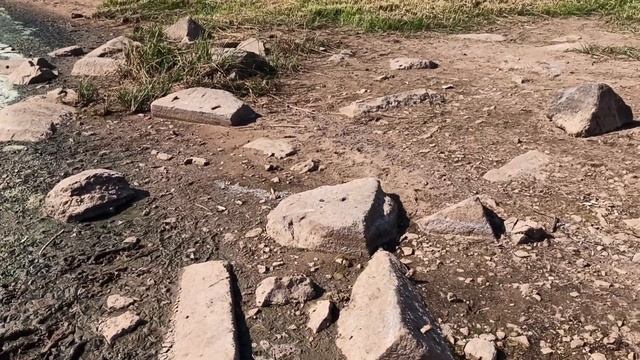 Великий Новгород, вода на берегу Волхова отошла и обнажились обработанные, гранитные блоки... смотреть онлайн