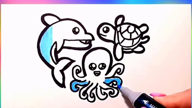 Draw and Color Marine Animals: A Dolphin, a Turtle and an Octopus ????? Drawings for Children смотреть онлайн